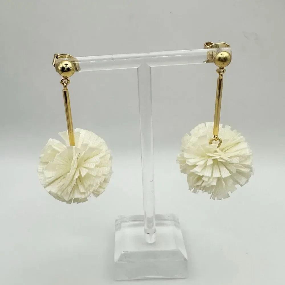 J CREW Pom Pom Earrings Dangle Drop Carnation Flower Gold tone Casual Jewelry